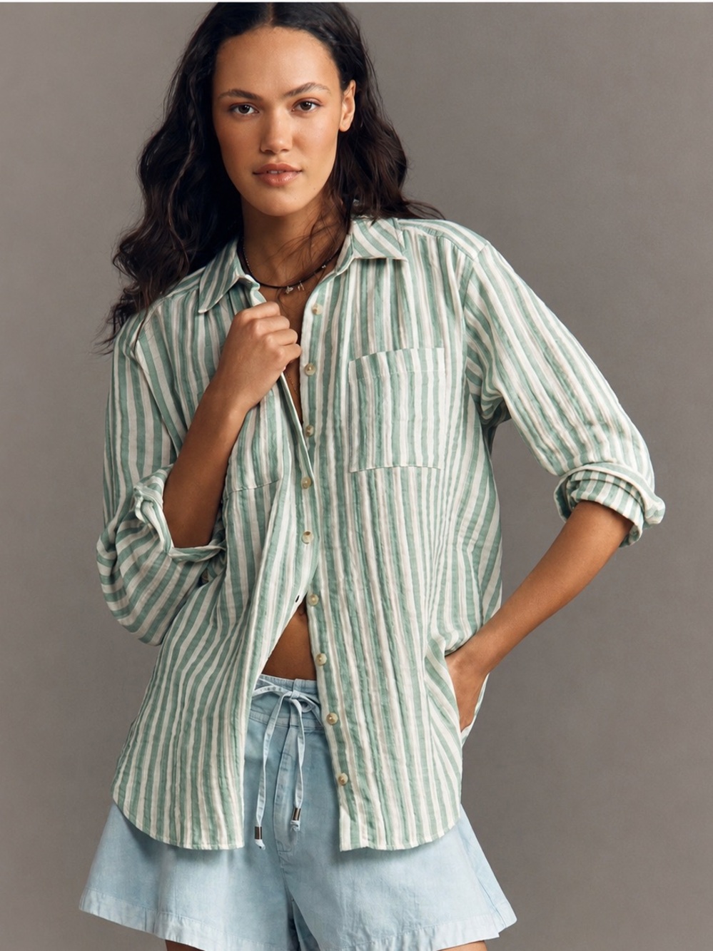 Pilcro Green and White Striped Button Down Shirt - Picture 4 of 15